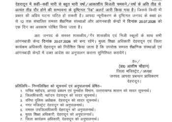 कक्षा 01 से 12 तक संचालित समस्त शैक्षणिक संस्थाओं और आंगनबाड़ी केन्द्रों में दिनांक 20.07.2026 को एक दिन का अवकाष घोषित.